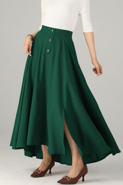 Green Linen Cotton Maxi Skirt - High-Waisted with Side Slit 5719