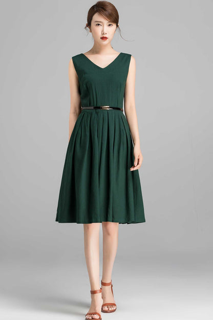 Sleeveless knee length green linen dress 2357