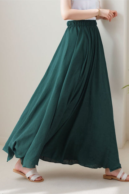 Beige Linen Cotton Maxi Skirt - Circle Swing Pleated | Xiaolizi 5134