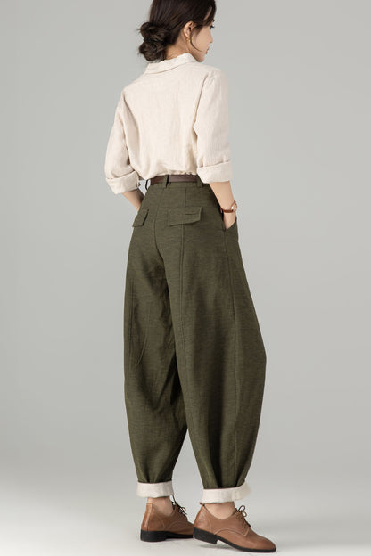 Army Green Linen Baggy Pants - Loose Fit, Ankle Length 5703