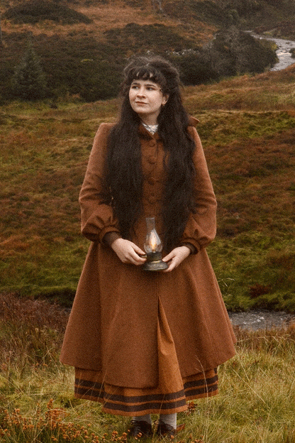 Brown Wool Blend Long Coat - Hooded with Lantern Sleeves 4736