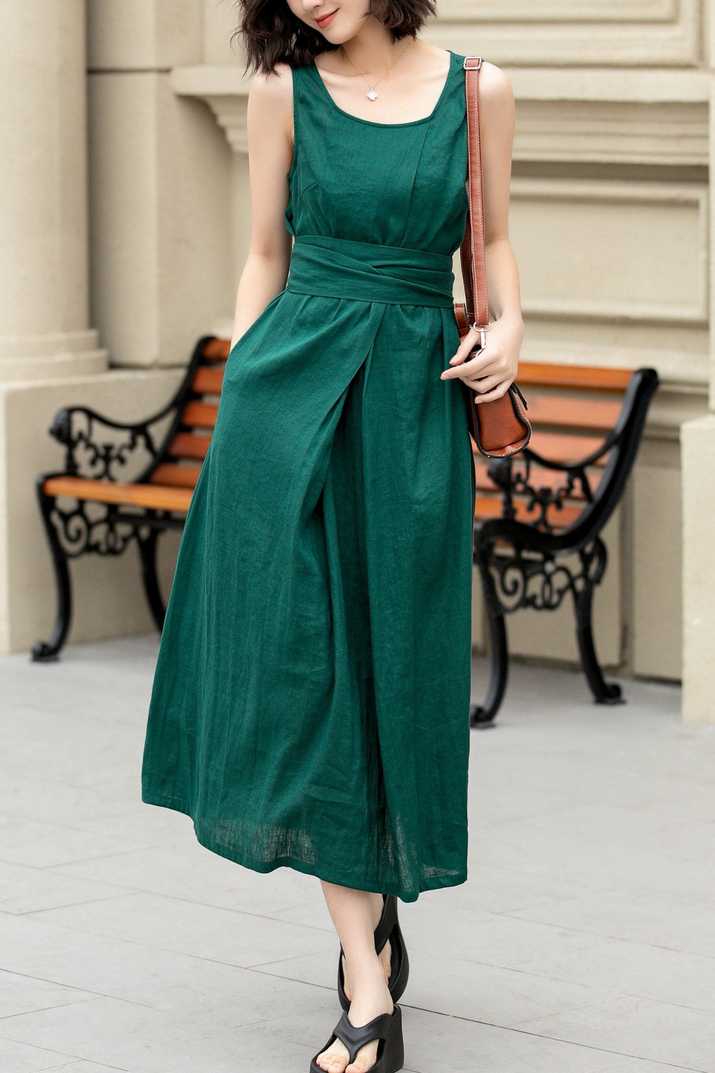 Green Sleeveless summer linen dress 4968