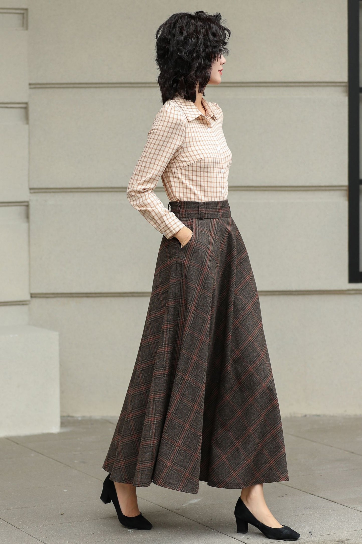 Handmade Dark Brown Plaid Wool Maxi Skirt – High Waist A-line Winter Elegance 6424