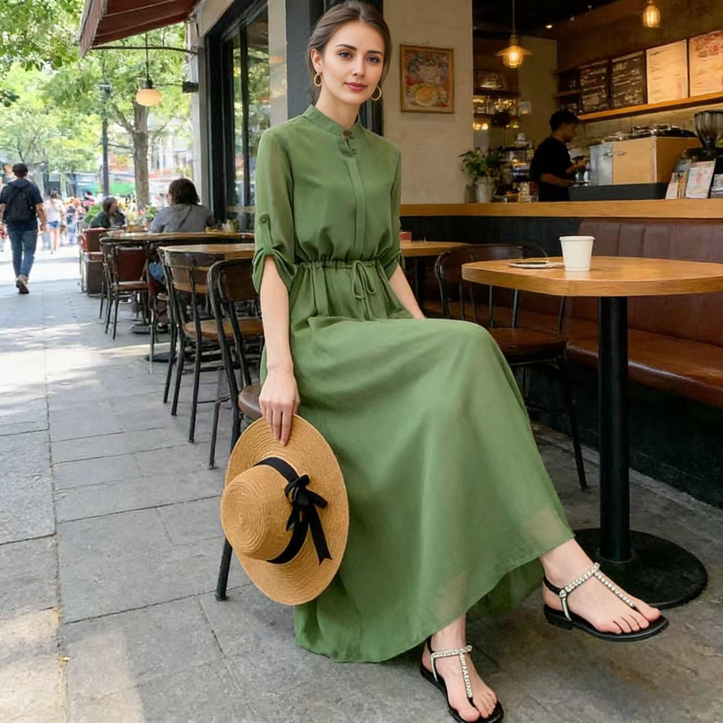 Soft Green Chiffon Dress with Tie Waist and Flowing Shape | Xiaolizi 6770
