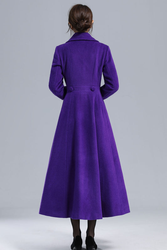 Purple Wool Coat - Vintage Double-Breasted Fit-and-Flare Overcoat 3237