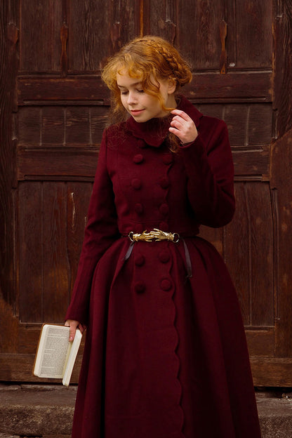 Handmade Burgundy Wool Coat – Vintage Winter Princess Dress Coat 4743
