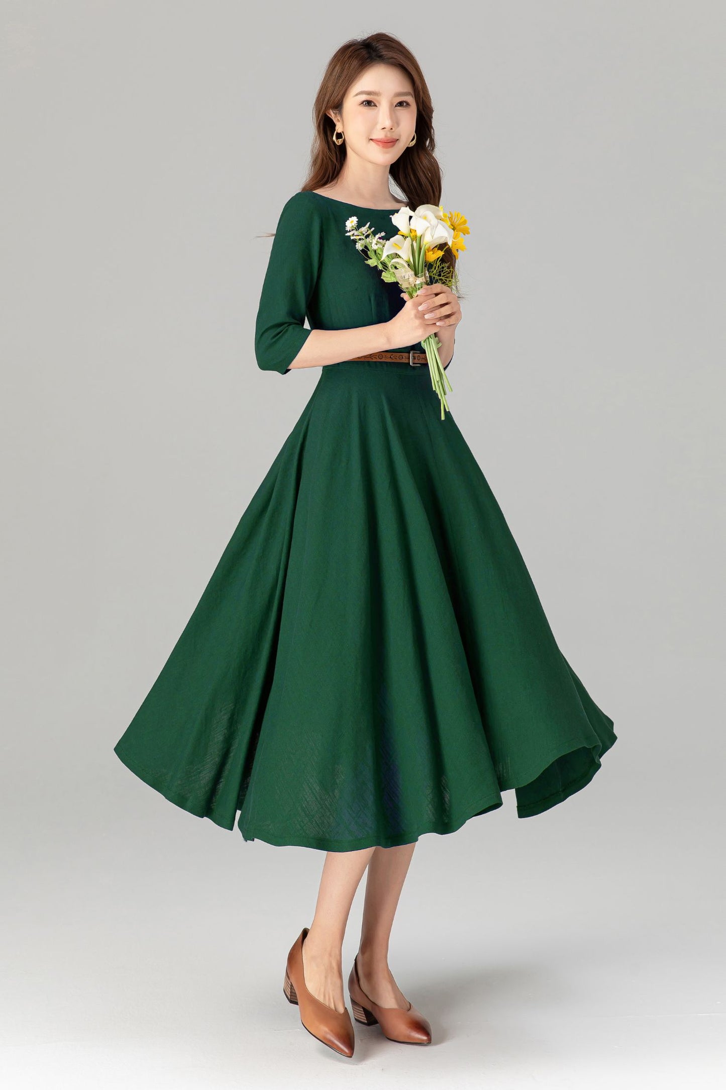 Handmade Green Linen Cotton Midi Dress – Classic Fit & Flare with Pockets 5580