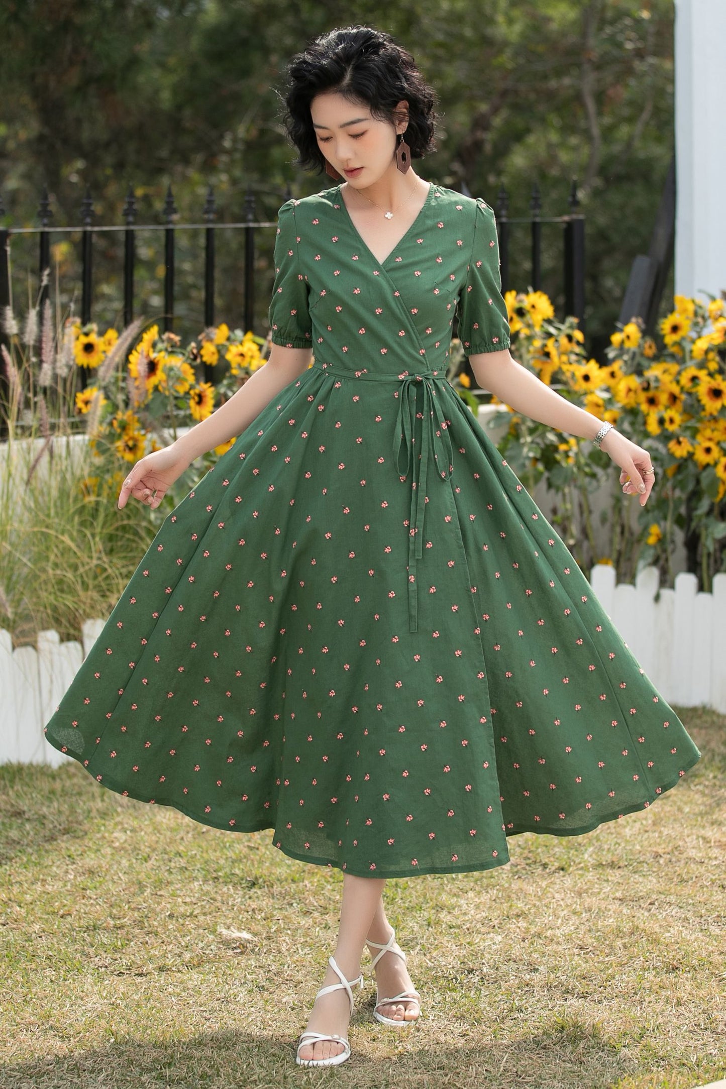 Xiaolizi Green Linen Midi Dress – Vintage Wrap Puff Sleeve Summer Dress 6689 -Size XS #CK2600175