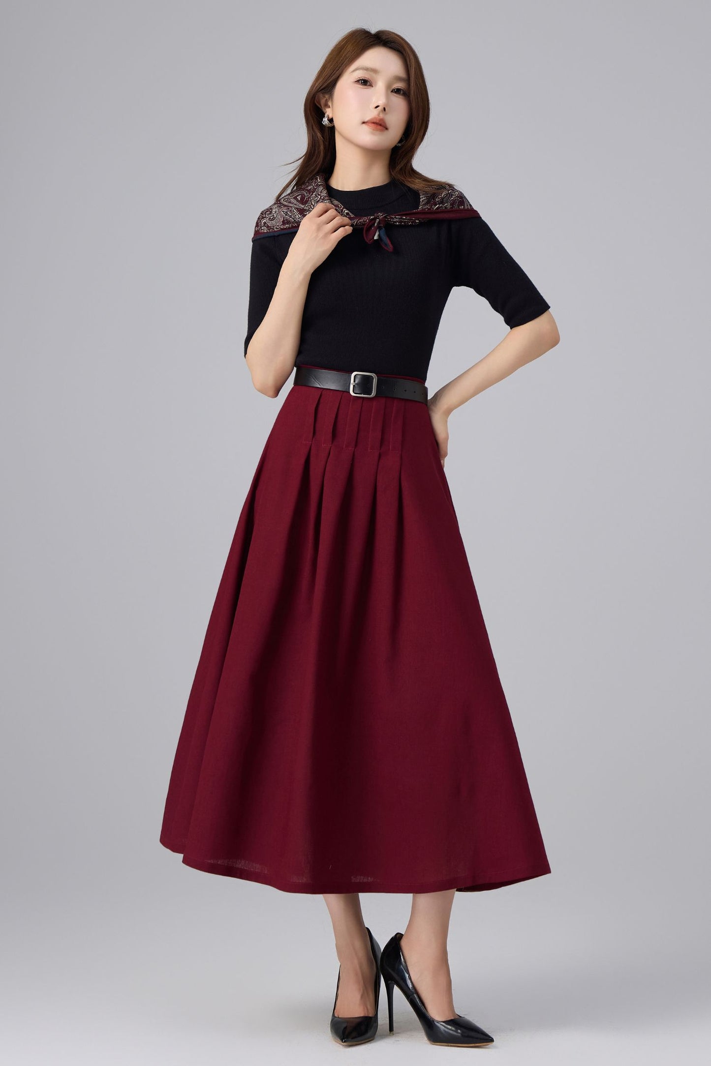 Burgundy Linen Midi Skirt - High Waist Pleated A-Line | Xiaolizi 6759