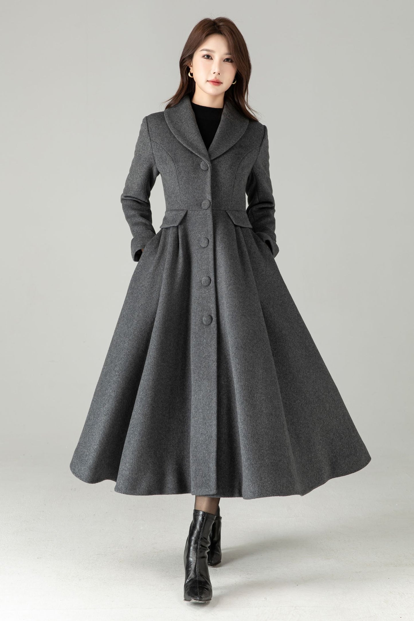 Gray Wool Maxi Coat – Single-Breasted Fit & Flare Long Winter Coat | Xiaolizi 6571