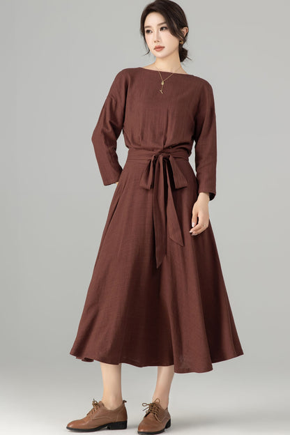 Brown Linen Cotton Midi Dress - Boat Neck, Belted Waist 5704