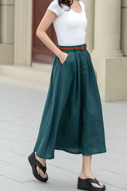 Dark Green Linen Midi Skirt - A-Line with Button Detail 4970