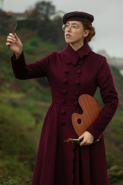 Handmade Burgundy Wool Coat – Vintage Scholar-Inspired Winter Overcoat 4813