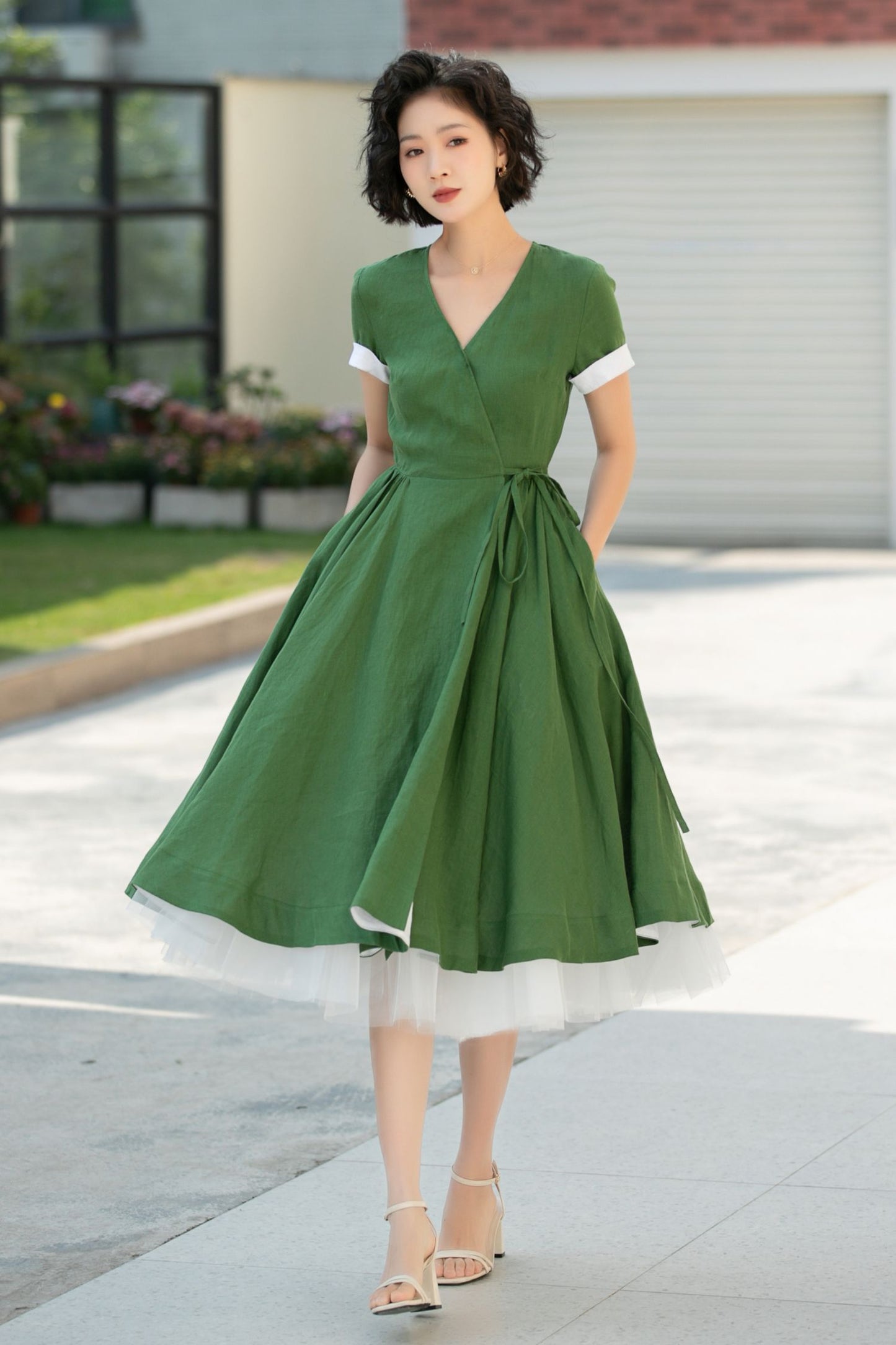 Green V-Neck Swing Midi dress with Waist Tie 5991 - S #CK2500302