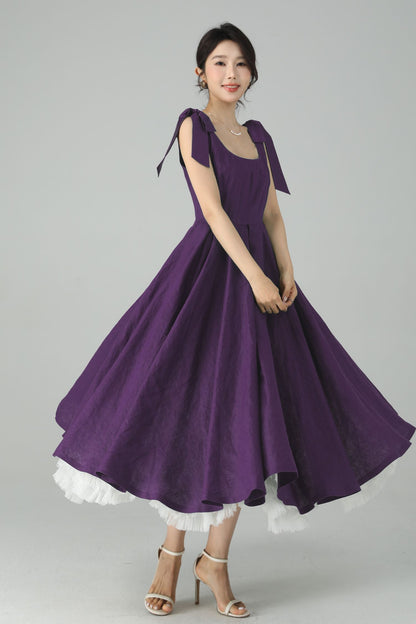 Purple Linen Midi Dress – Handmade Square Neck Fit-and-Flare Dress 6675