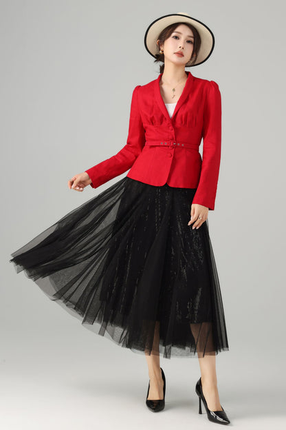 Linen Two-Piece Set - Vintage Blazer & Circle Midi Skirt | Xiaolizi 5759