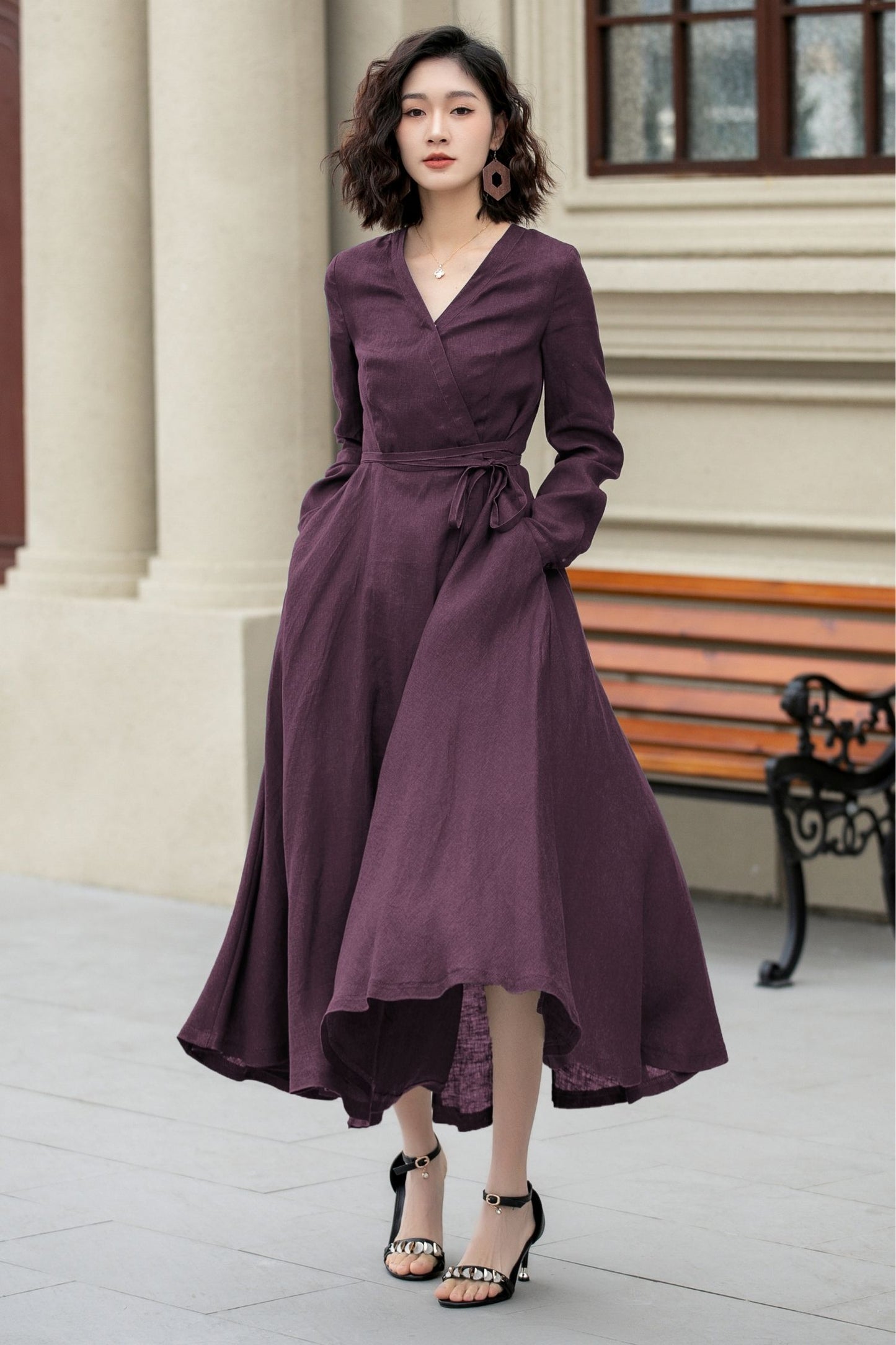 Purple Linen Wrap Dress – Handmade Long Sleeve Maxi for Women 6672