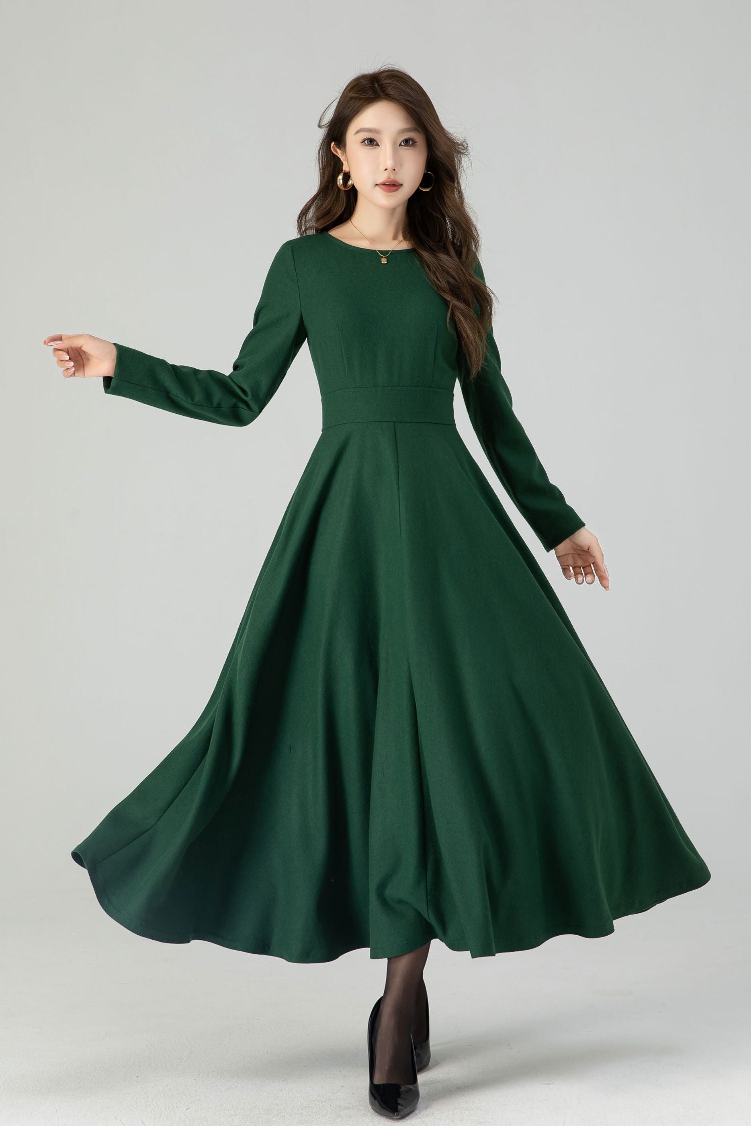 Green Wool Maxi Dress Womens Long Sleeve Winter Fit and Flare Green / Xs Green Wool Maxi Dress Womens Long Sleeve Winter Fit and Flare Green / Xs