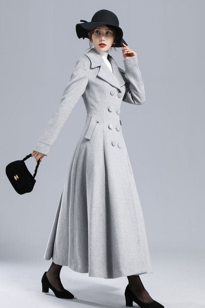 Light Gray Wool Coat – Elegant Double-Breasted Fit and Flare Winter Overcoat 3236