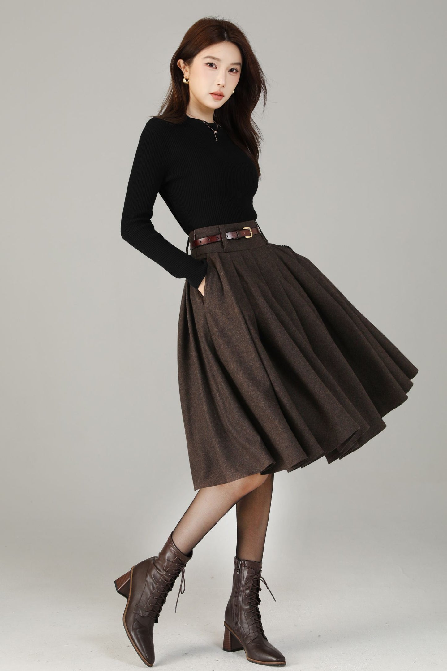Vintage Wool Blend Circle Skirt – Handmade Knee Length Winter Skirt with Pockets | Xiaolizi 6499