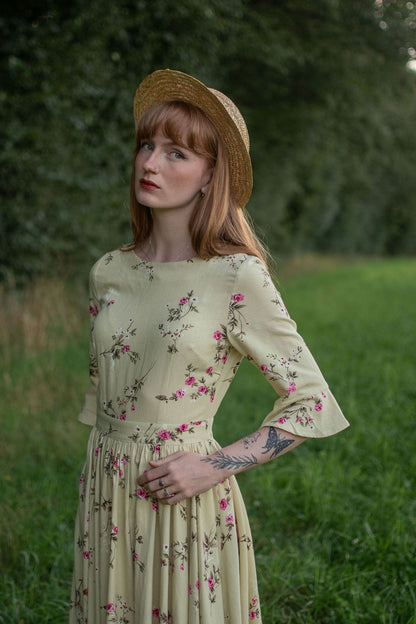 Beige Linen Maxi Dress - Vintage Floral Fit and Flared 3053