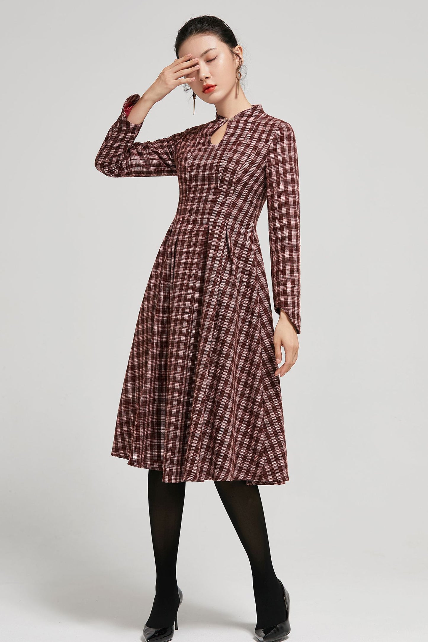 Mandarin collar plaid winter wool dress women 2295