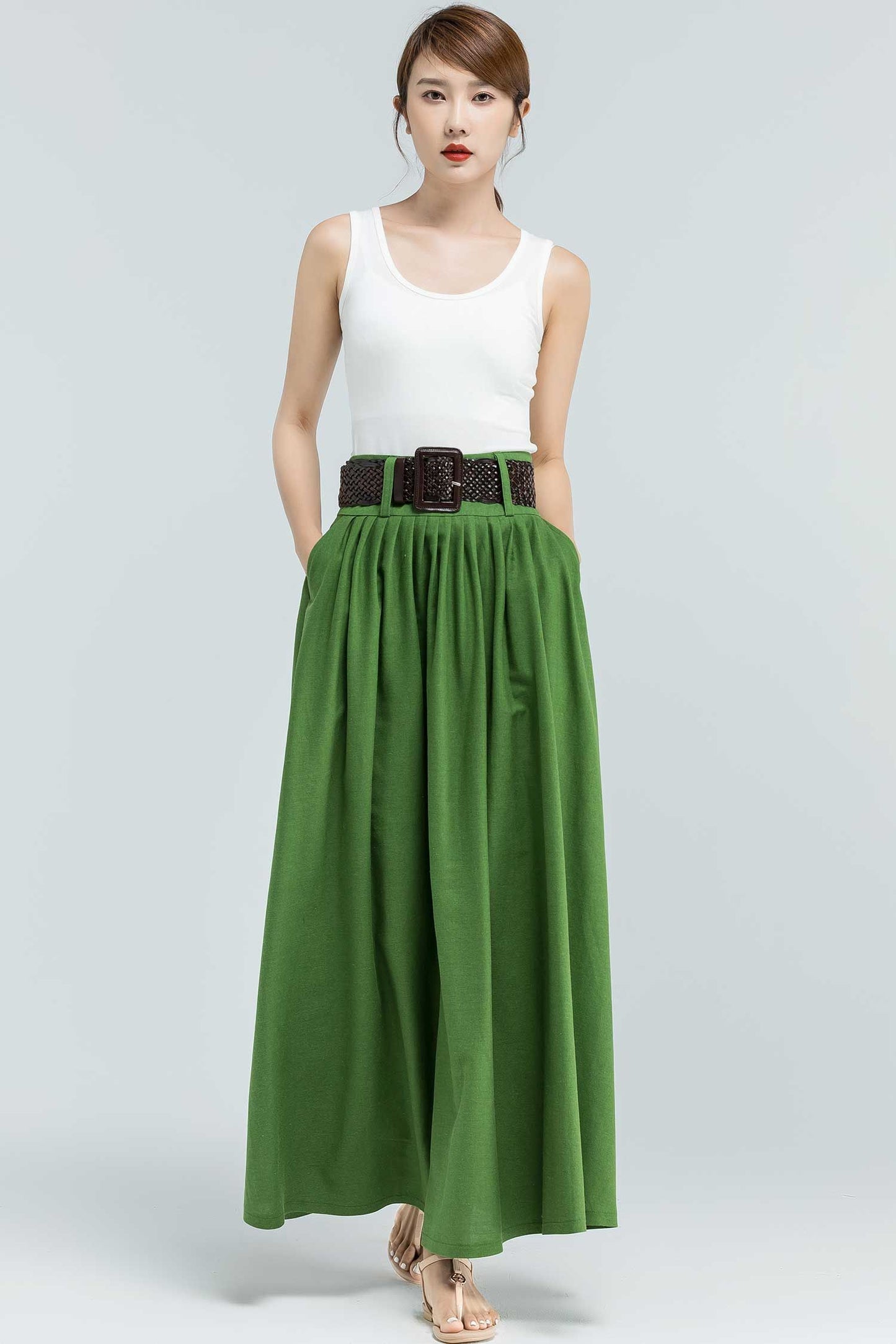 Green Linen Maxi skirt with pockets 2381