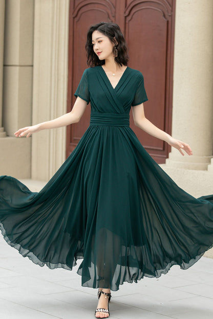 Dark Green Chiffon Maxi Dress – Handmade V Neck Swing Party Elegance 5114