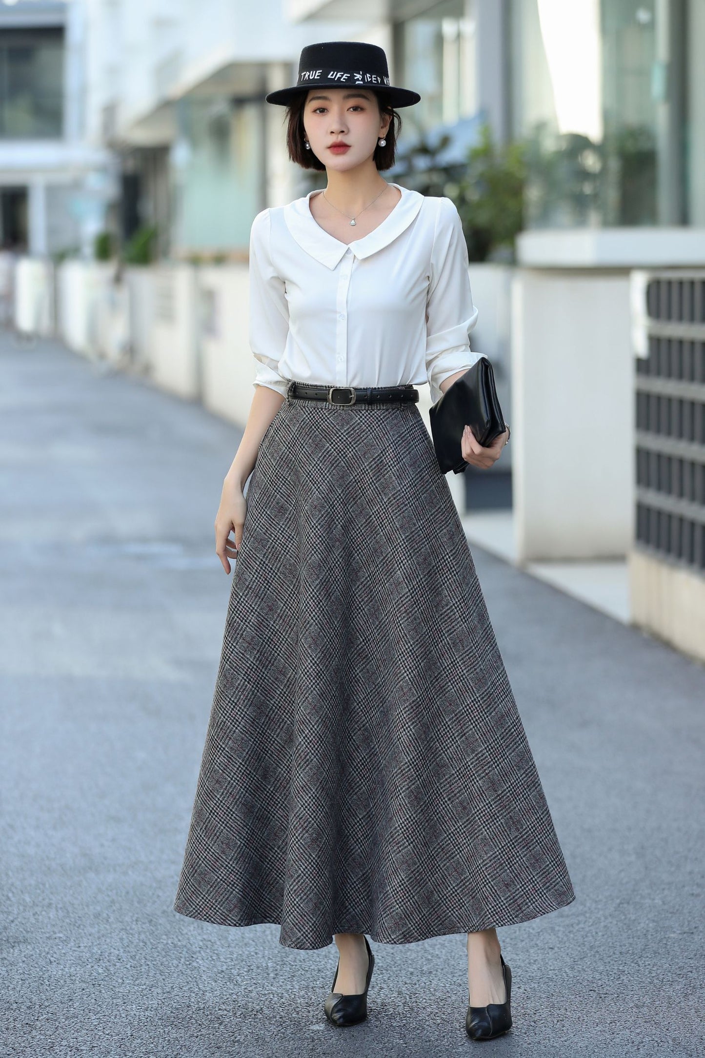 Gray Plaid Wool Maxi Skirt – Vintage High Waist Winter Skirt with Pockets 3106