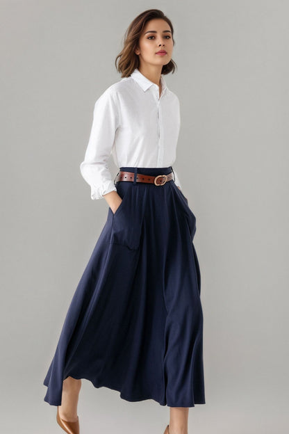 Handmade Cotton Blend A-Line Midi Skirt – Vintage High Waist Swing Skirt with Pockets 6302