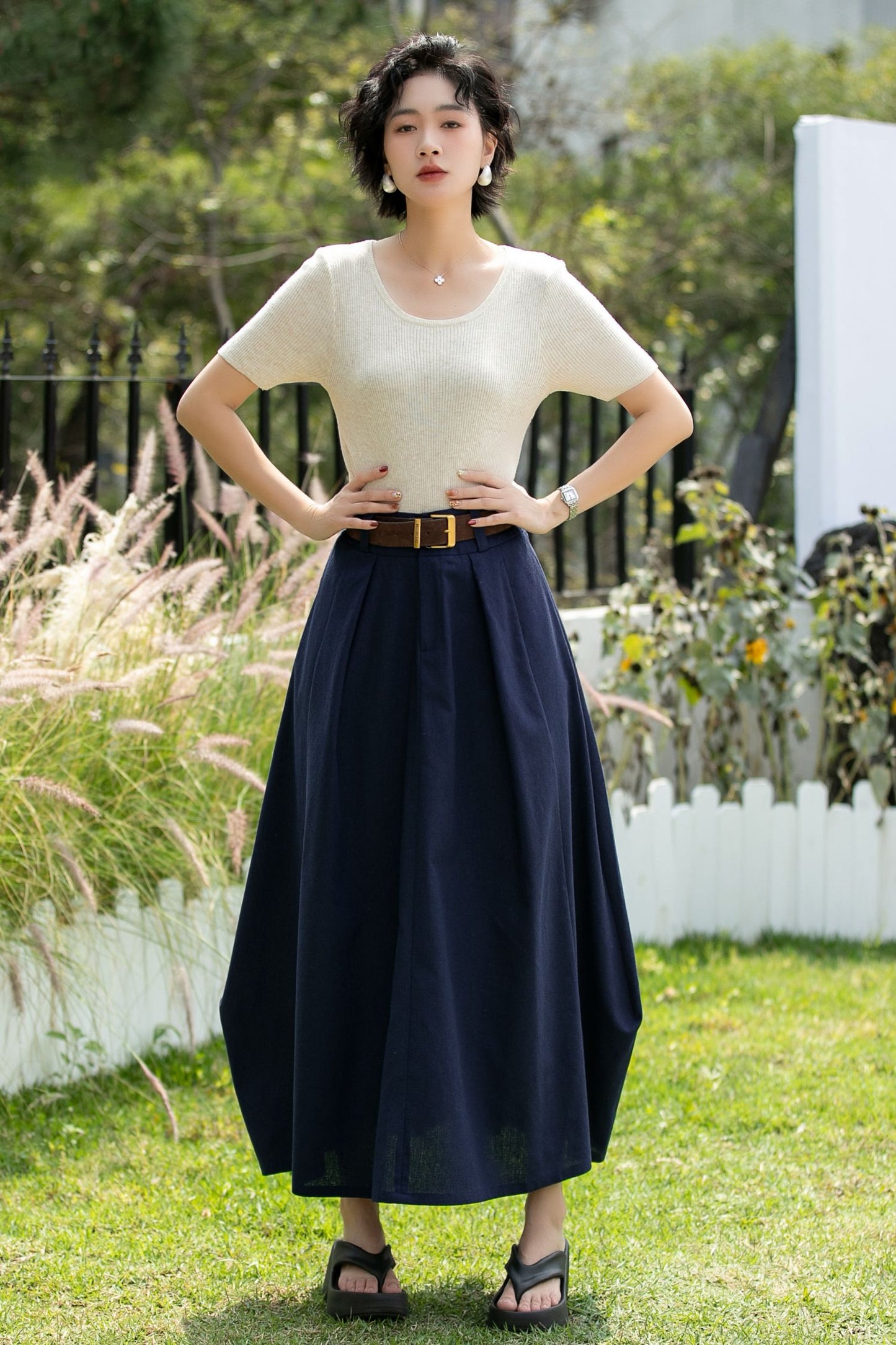 Handmade Navy Linen Cotton Asymmetrical Maxi Skirt | Xiaolizi 6740