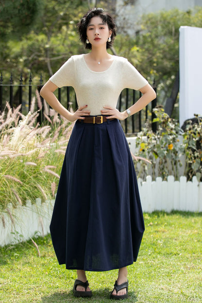Handmade Navy Linen Cotton Asymmetrical Maxi Skirt | Xiaolizi 6740