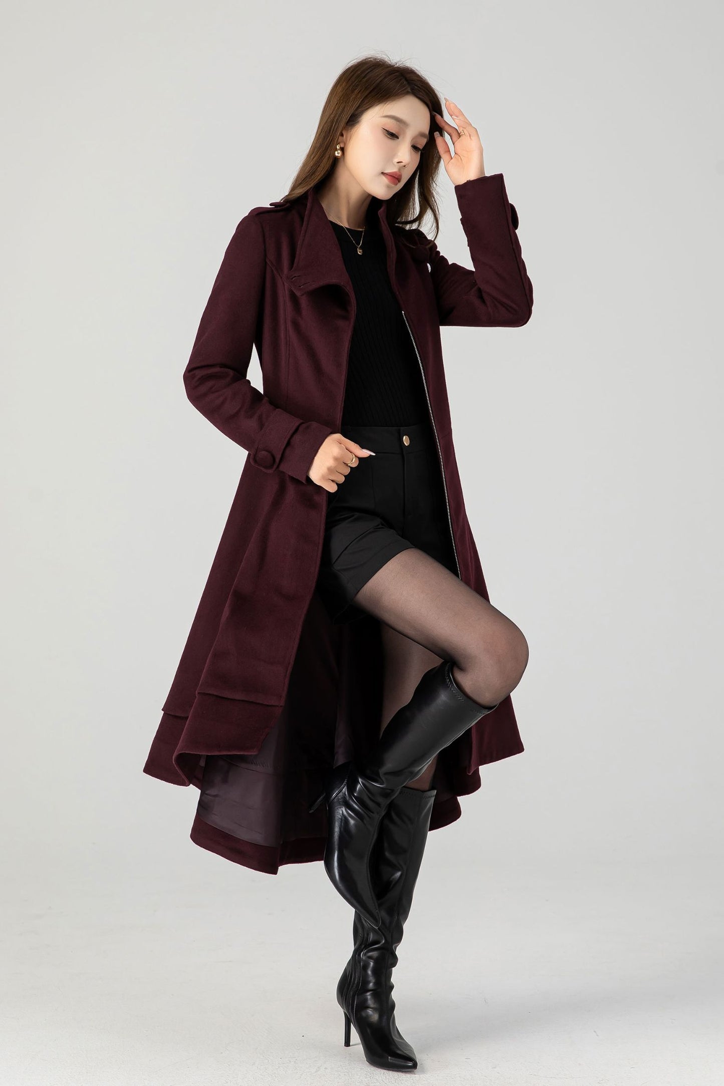 Burgundy Midi Asymmetrical Winter Wool coat 4603