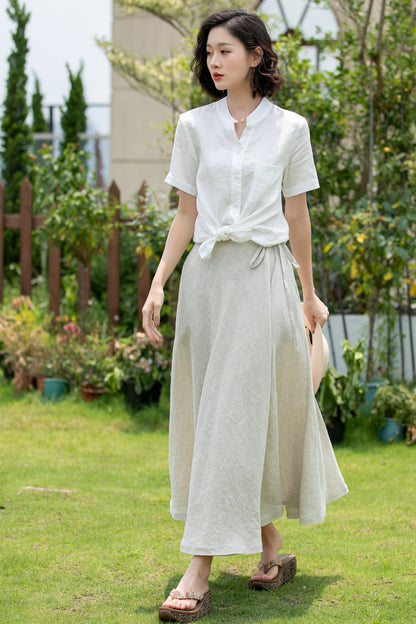 Beige Swing Linen Midi Wrap Skirt 5201