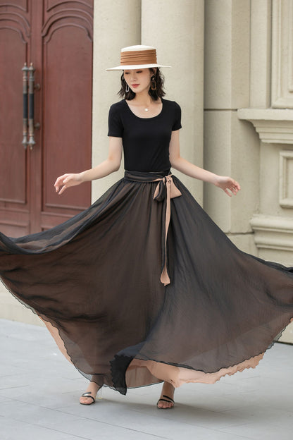 Black Chiffon Maxi Boho Skirt Women 5107
