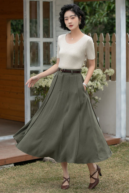 Xiaolizi Army Green Linen Midi Skirt – Vintage High Waist A-Line 6695