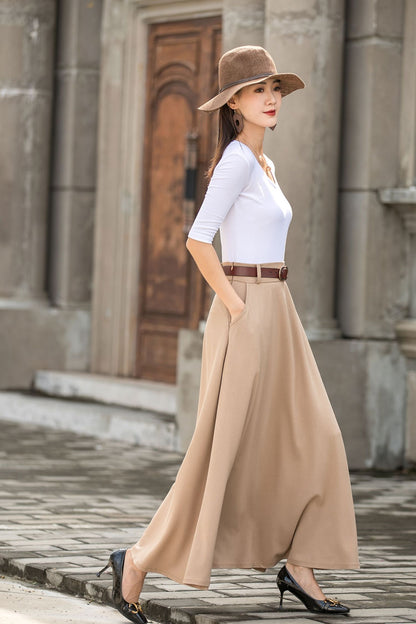 Handmade Women's Beige High-Waisted Linen Maxi Skirt  2780