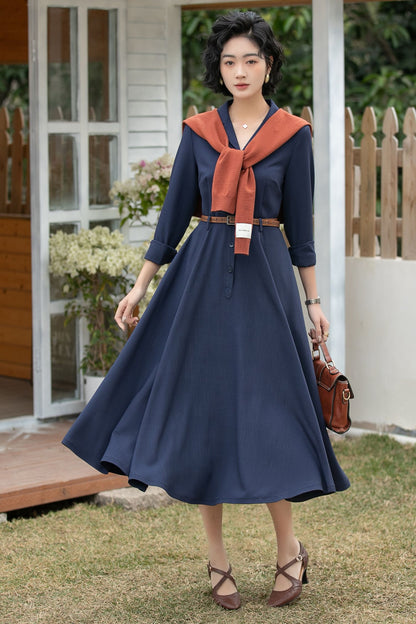 Xiaolizi Navy Linen Shirt Dress – Vintage A-Line Midi 6694-Size XS #CK2600163