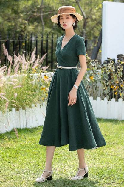 V-Neck Linen Fit and Flare Midi Dress | Xiaolizi 6739 - Size XS #CK2600280