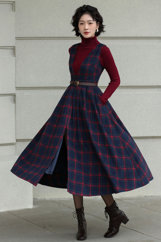 Vintage Plaid Wool Pinafore Dress: Belted Cottagecore Midi Dress 6507