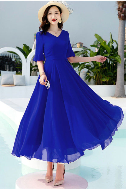 Chiffon Maxi Swing Dress - V-Neck Ruffle Sleeve Prom | Xiaolizi TT0039