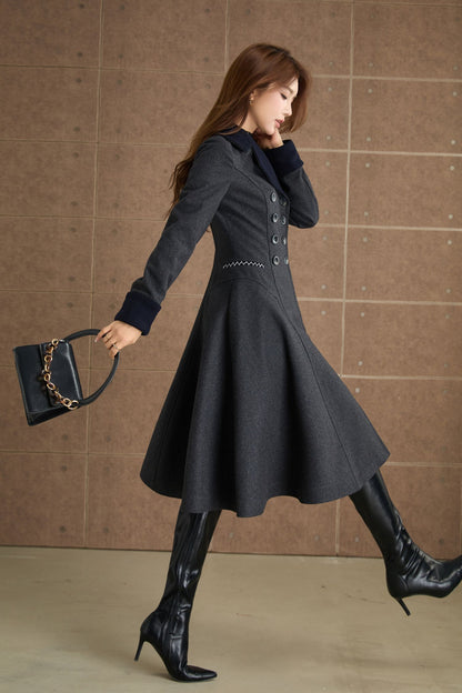 Charcoal Wool Fit and Flare Coat - Elegant Lapel Collar 5366