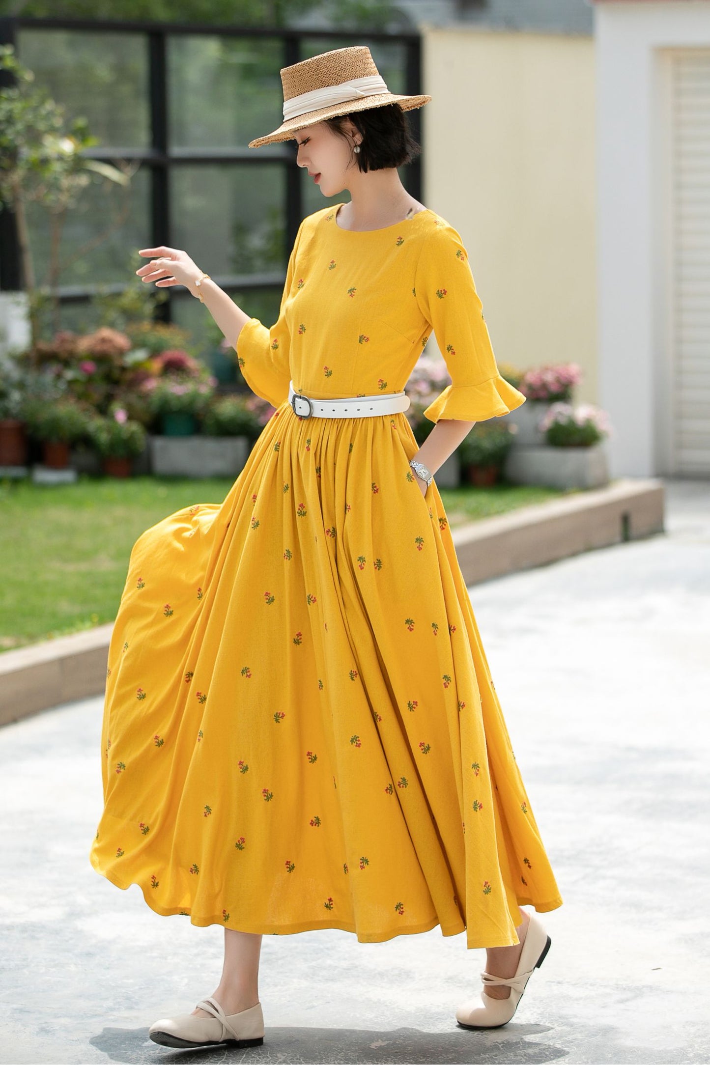 Floral Long spring Linen Dress 5985