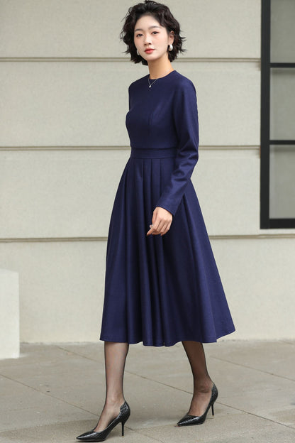 Blue Wool Midi Dress - Swing Fit & Flare Silhouette 6506