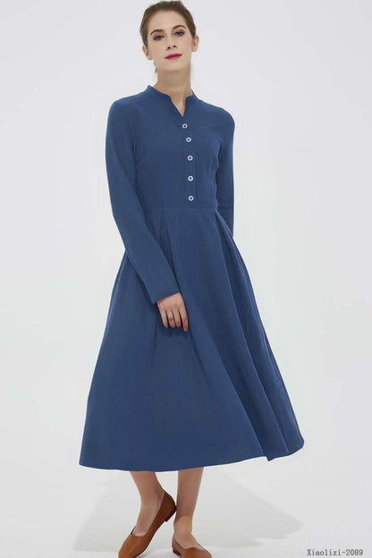 Burgundy Linen Midi Dress - Button Front A-Line Long Dress 5570