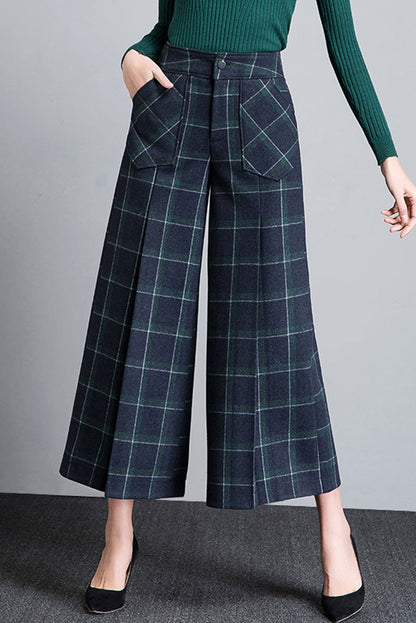 Plaid Wool Wide Leg Pants - Midi Length, Loose Fit 4659-1