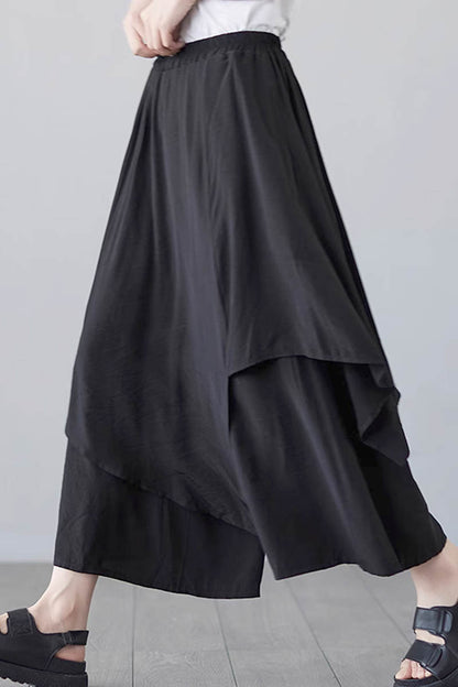 Black Linen Skirt Pants - Loose Fit with Elastic Waist 4349