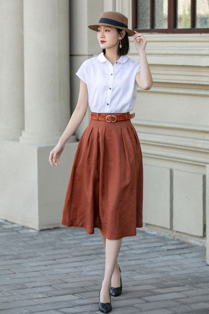 Rust Linen A-Line Midi Skirt - Pleated, Flowy Silhouette 4904