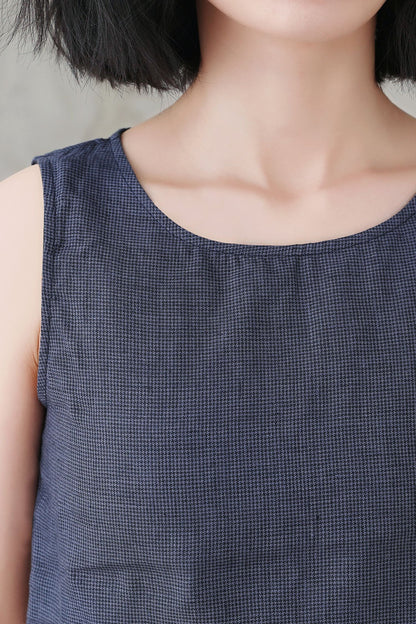 Blue Checked linen Tank Top 3338