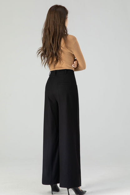 Black wide leg long wool pants women 4555